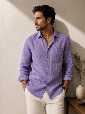 Lombard 100% Linen Purple Button Down Shirt Men’s Size 42 Relaxed Casual Luxury